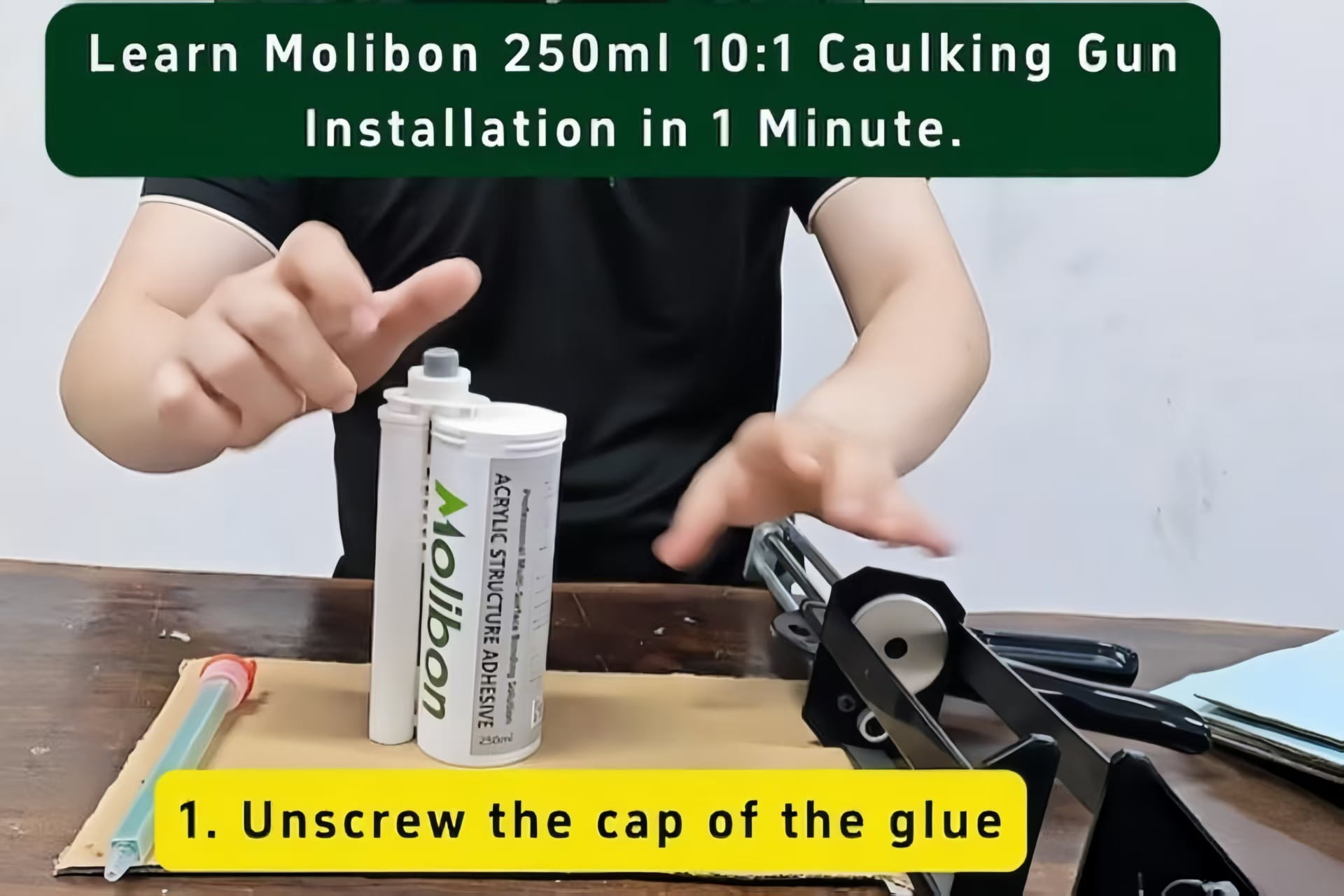 Erfahren Sie in 1 Minute, wie Sie die Molibon 250 ml 10:1 Kartuschenpistole installieren